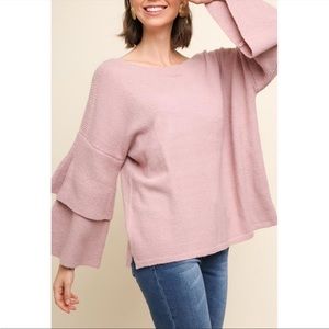 Umgee Blush Ruffle Sleeve Crewneck Sweater Size Small